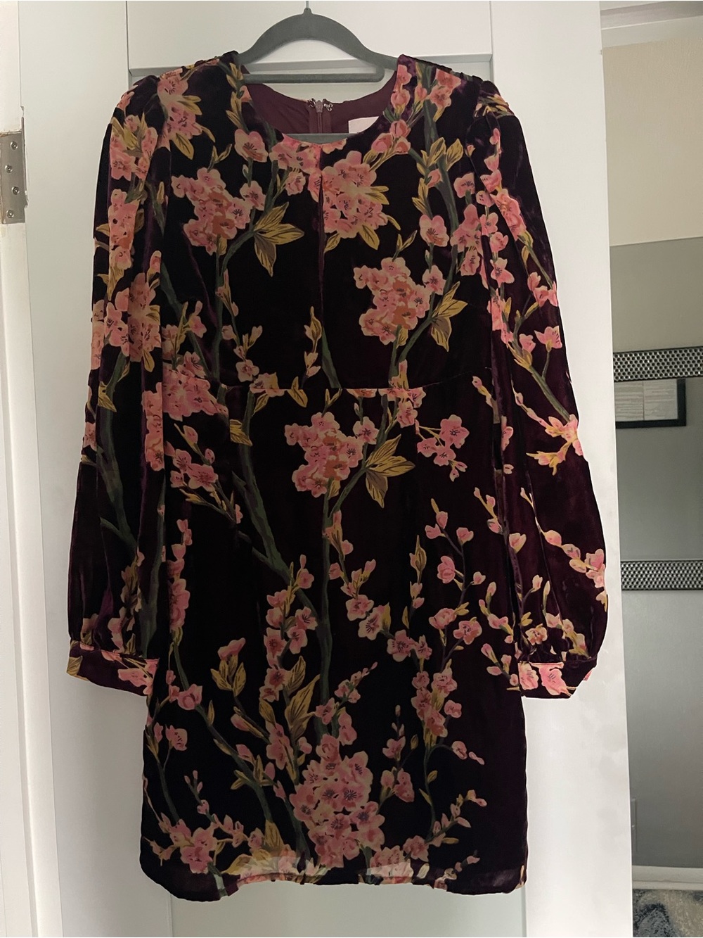 Adelyn Rae Burgundy Velvet Long-Sleeve Floral Dress with Pink Blossoms